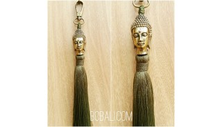 buddha head bronze gold tassels caps keyrings bali green