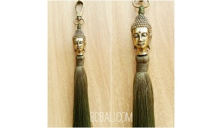 buddha head bronze gold tassels caps keyrings bali green