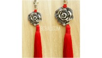 keyrings tassels polyester red silver bronze caps flower