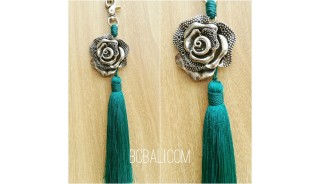 keyrings tassels polyester turquoise bronze caps flower