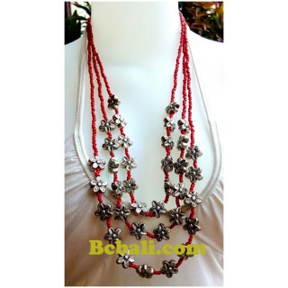 three strand beaded necklaces flowers charm