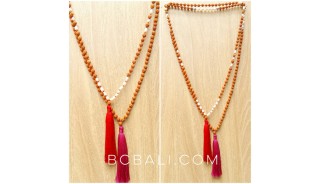 wood mala bead tassels necklaces with pearls