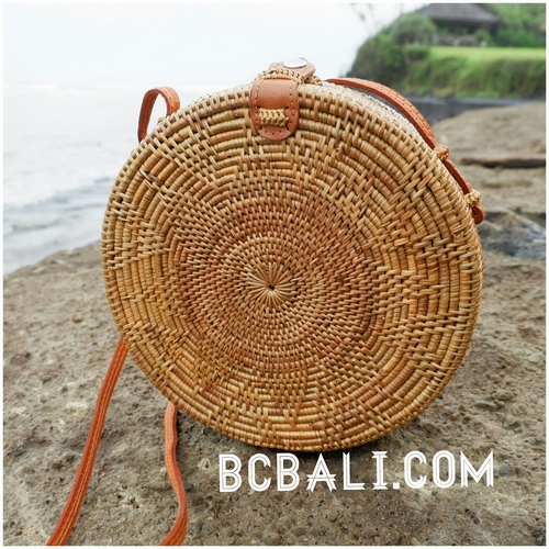 ata grass hand woven circle design handbag leather strap long handle ...