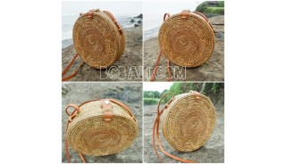 ata grass hand woven circle design handbag leather strap long handle