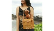 ata grass straw woven tote bag bali handmade leather handle