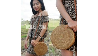 women handbag ata grass rattan circle leather strap 