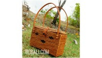 square handmade rattan grass natural tote bags purse motif flower strap