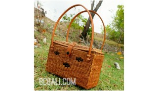 square handmade rattan grass natural tote bags purse motif flower strap