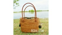 unique ethnic tote bag purse rattan grass handwoven leather handle