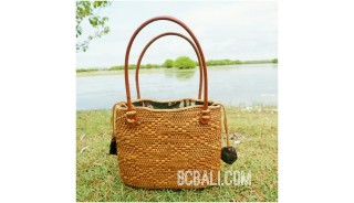 unique ethnic tote bag purse rattan grass handwoven leather handle