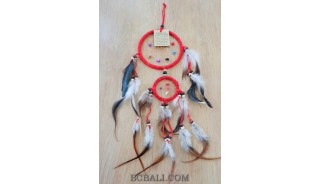 double circle leather dream catcher feather red color