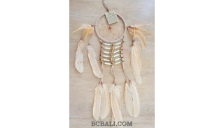 ethnic peaceful dream catcher native american feathers with bone beige