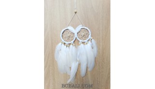 owl dream catcher white feathers wooden bead bali handmade