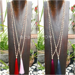 wood beige natural bead tassels necklace 4color ethnic design