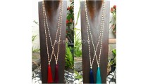 wooden beige bead tassels necklace long seeds 4color ethnic design 