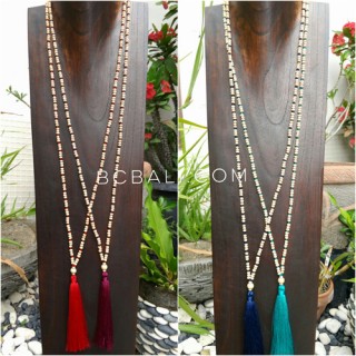 wooden beige bead tassels necklace long seeds 4color ethnic design 