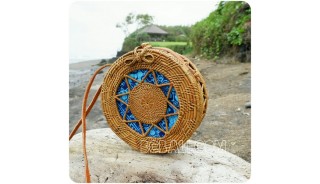 blue fabric rattan round circles sling bags motif handwoven