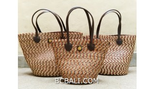 bali straw woven handbag handmade brown color set 3