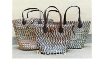 bali straw woven handbag handmade grey color set of 3