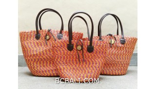 bali straw woven handbag handmade orange color sets of 3