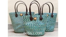 bali straw woven handmade handbag turquoise color sets of 3