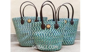 bali straw woven handmade handbag turquoise color sets of 3