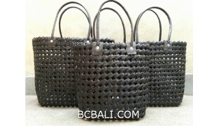 sea grass net woven handbag handmade set of 3 black color