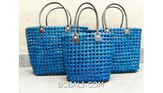 sea grass net woven handbag handmade set of 3 blue color
