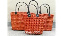 sea grass net woven handbag handmade set of 3 orange color