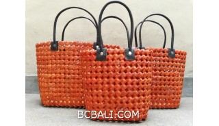 sea grass net woven handbag handmade set of 3 orange color