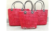 sea grass net woven handbag handmade set of3 red color