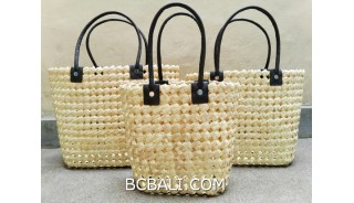 sea grass net woven handbag handmade set of3 white color