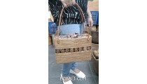 hand woven grass ata handbag coco wood leather handle long handle