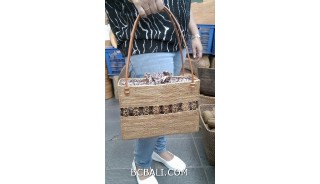 hand woven grass ata handbag coco wood leather handle long handle