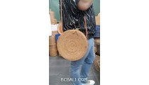 ata hand woven grass circle design with flower rattan strap long handle