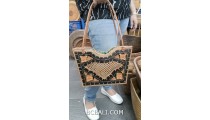 wooden handbag with hand woven ata straw grass leather handle