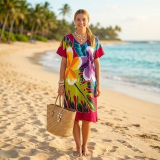 Casual Midi Dress Rayon Hand Painted Floral Design