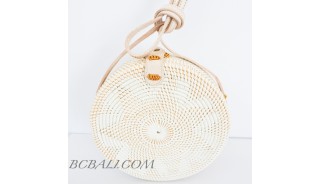 Circle Round Rattan Bags Handwoven Full White Color Handle Leather 