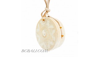 Circle Round Rattan Bags Handwoven Full White Color Handle Leather 