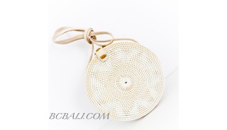 Circle Round Rattan Bags Handwoven Full White Color Handle Leather 