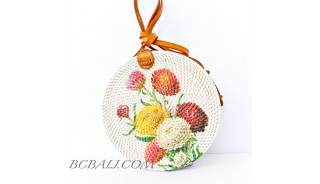 Circle Rattan Sling Bags Bali With Flower Decorations Handmade