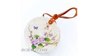 Circle Rattan Sling Bags Bali With Flower Decorations Handmade