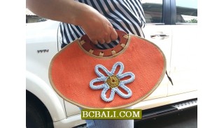 Straw Cotton Handbags FLowers Wood Handle