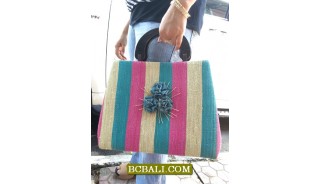 Multi Color Straw Bags Wood Handle Flower