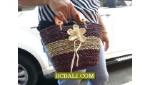 Small Bags Straw Wooden Handle Flowers