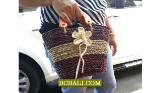 Small Bags Straw Wooden Handle Flowers