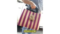 Flowers Handbags Wooden Handle Straw Agel