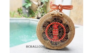 women circle sling bags rattan wooden hand painted