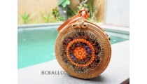 natural rattan sling bag circle with wood hand painted