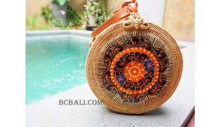 natural rattan sling bag circle with wood hand painted